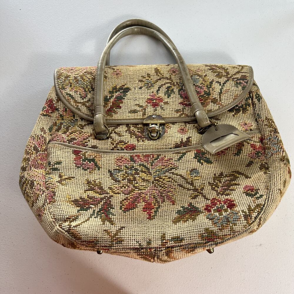 Olla Handbag Twist Lock Floral Tapestry Double Handle Inner Divider Outer Pocket